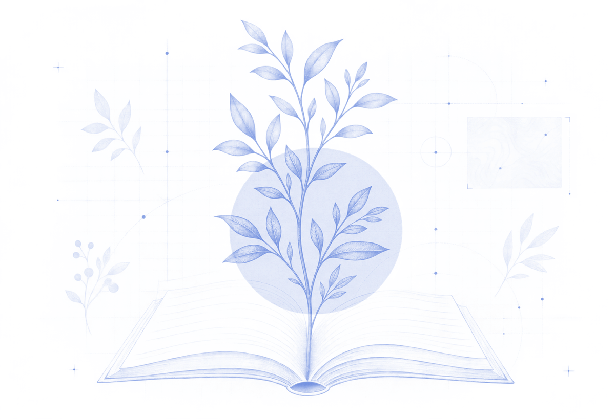 An archival botanical illustration growing from an open book