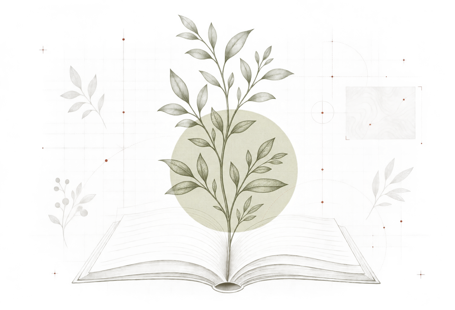 An archival botanical illustration growing from an open book